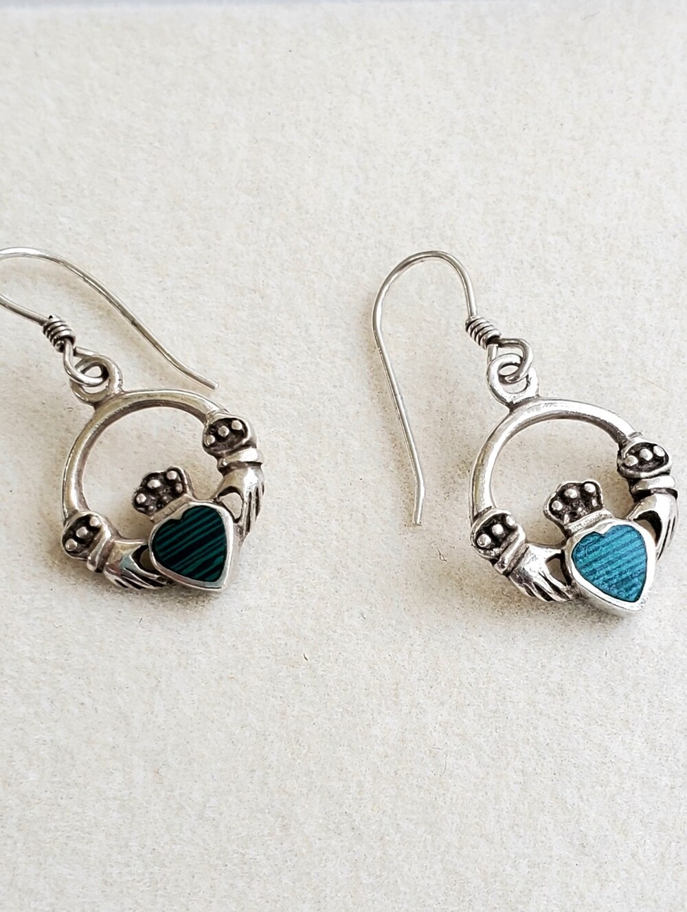 Sterling Silver Claddagh Heart Drop Earrings with Malachite Inlay